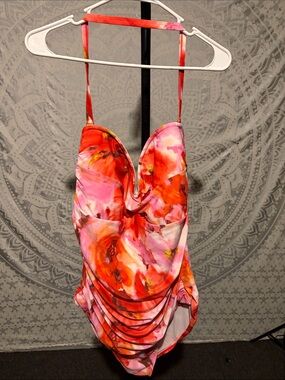Simply Swim Floral Ruched One Piece Swimsuit Plus 22W Pink Orange Halter NWT